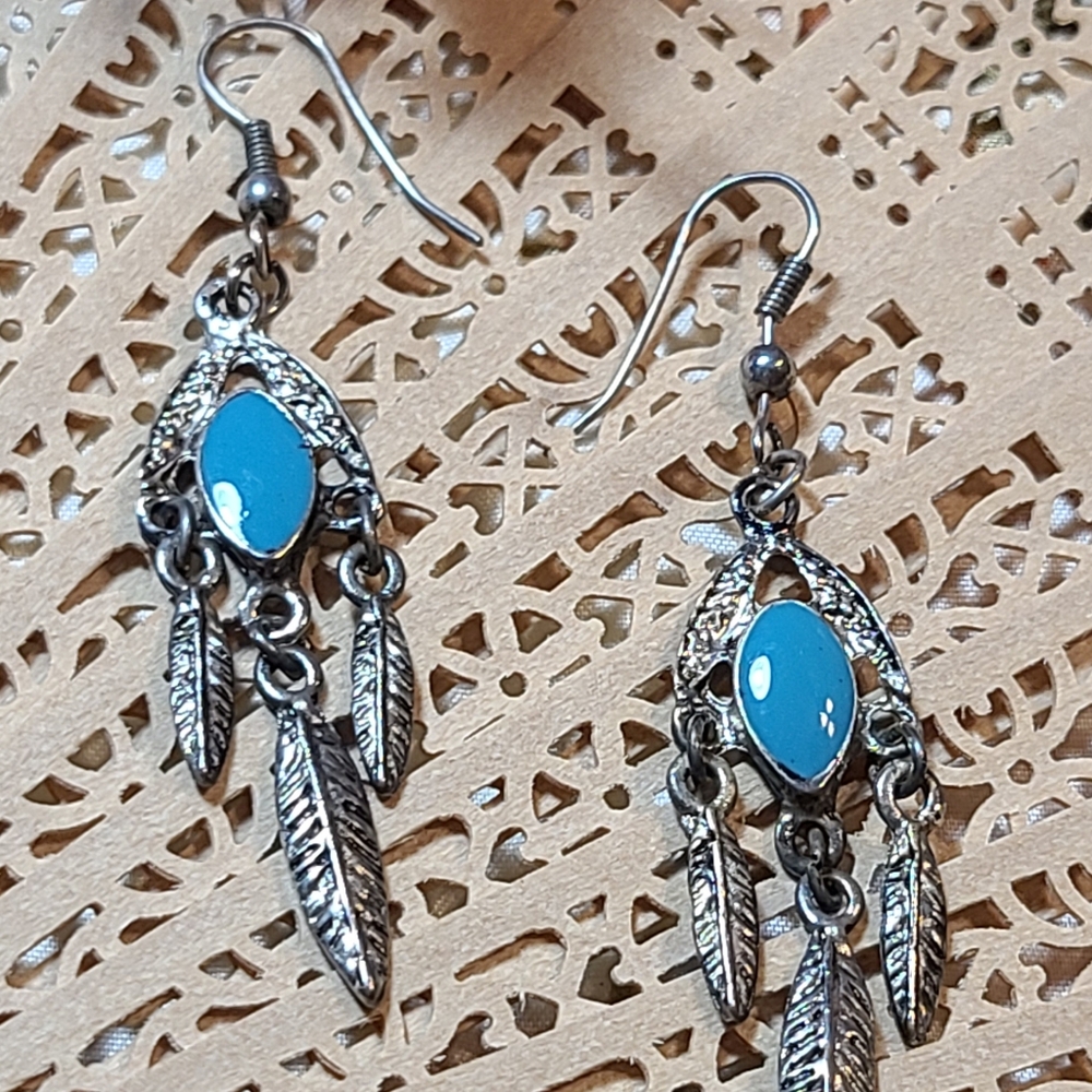 Gypsy Jazz Silver and Blue Feather Earrings